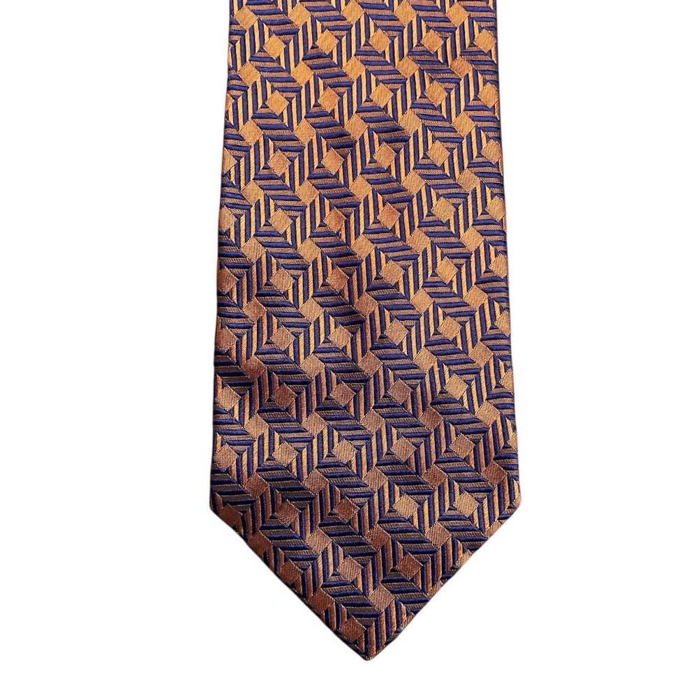 Bachrach Jaquard Orange Blue Geometric Neck Tie 100% Silk Made in Italy designer